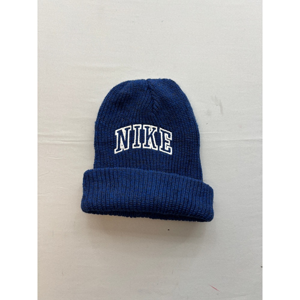 Nike Vintage Style Navy Blue Knit Cuffed Beanie Embroidered Block Logo Hat
